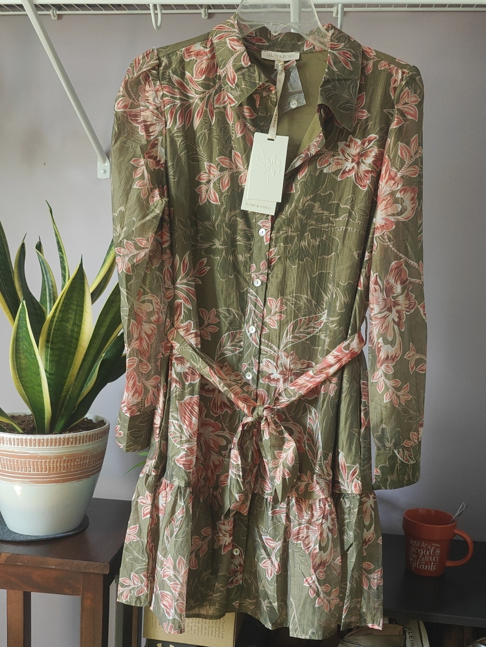 Olive Floral Button-Front Shirt Dress with Tie Waist